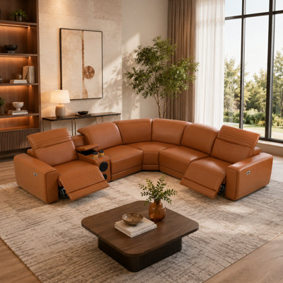 Orange Yellow Breathable Semi-Pu Leather 6-Piece Power Reclining Sectional Sofa Set With Console And Wedge