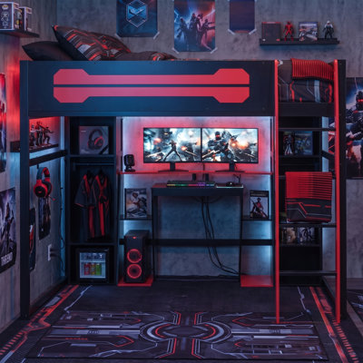 Lit mezzanine pleine grandeur avec bureau, lumières DEL RVB, station de charge USB, armoire et armoires de rangement - rouge