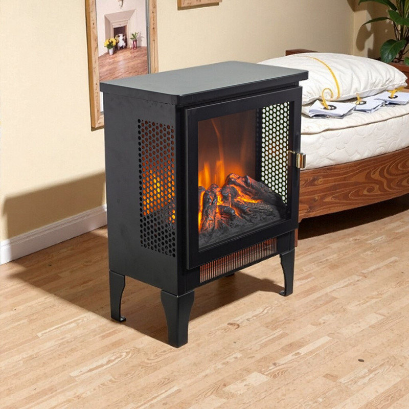 17-inch Freestanding Electric Fireplace Stove Heater Black Tempered Glass Design For Home Office Décor, Black