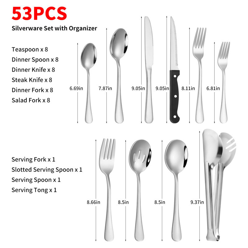 Ensemble de 53 couverts en acier inoxydable pour 8 personnes avec organisateur de tiroir à 6 compartiments, résistant à la rouille et au lave-vaisselle, ustensiles de service multifonctionnels