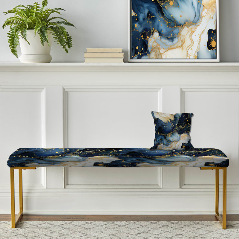 Marble Upholstered Gold Bench, Celestial Gold And Blue Marble Pattern