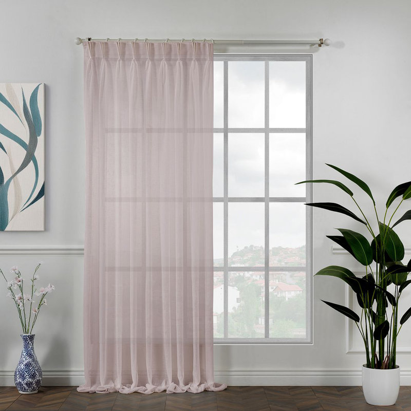 Pinch Pleated Extra Long & Extra Wide Faux Linen Semi Sheer Single Panel, Rose Pink, 100" W x 132" L