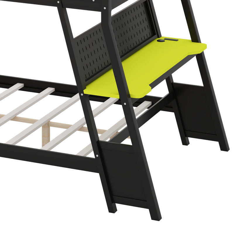 Lit superposé avec deux bureaux de jeu intégrés et ports USB, cadre de lit superposé en bois avec organisateur de panneau perforé, barrière de sécurité et échelle