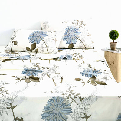 Vintage Floral Cotton Bedding Set - Queen Size 4-Piece Fitted Flat Sheet, Deep Pocket, Coquette Design in Beige - Aesthetic Home Decor