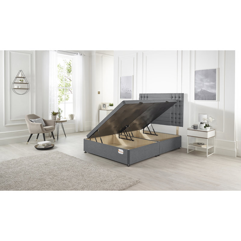 Luxara Solid Wood Ottoman Bed Side Opening with Upholstered Headboard Plush Velvet, Charcoal, Double (4'6)