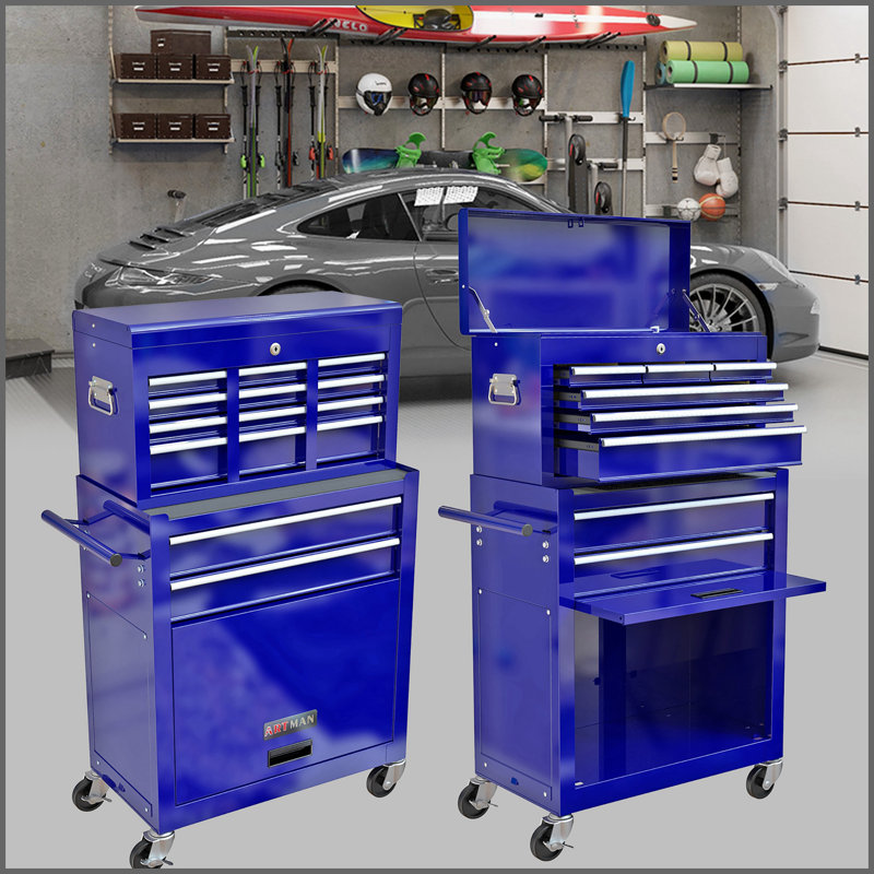 Coffre à outils à roulettes de 24,2 po avec roulettes et tiroirs, armoire de rangement à 8 tiroirs, Bleu marine