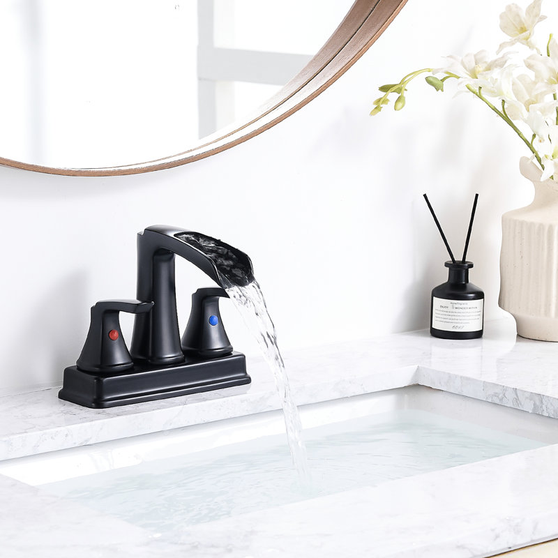 Robinet de salle de bain noir mat, 4 pouces, conception en cascade, 2 poignées, pivotant à 360 degrés, lavabo à 3 trous, style contemporain
