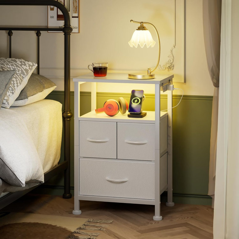 White Fabric and Wood 3-Drawer Nightstand with LED and USB Ports