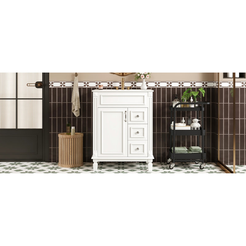 Meuble-lavabo de 61 cm (24 pouces) avec lavabo en céramique, 2 tiroirs et tablette réglable. Alliant simplicité française et rangement moderne, il est idéal pour les petites salles de bain et permet un gain d'espace optimal.