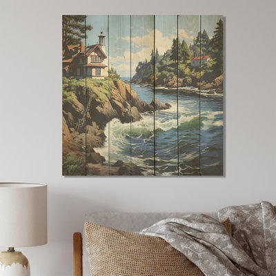 Cliffside Cottage By The Lake - impression sur toile de paysage sur bois