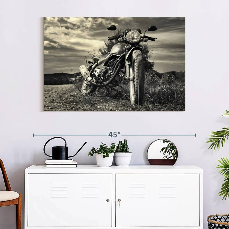 Motocyclette d'extérieur rétro sur toile, H 26 po x l 39 po x P 1,25 po