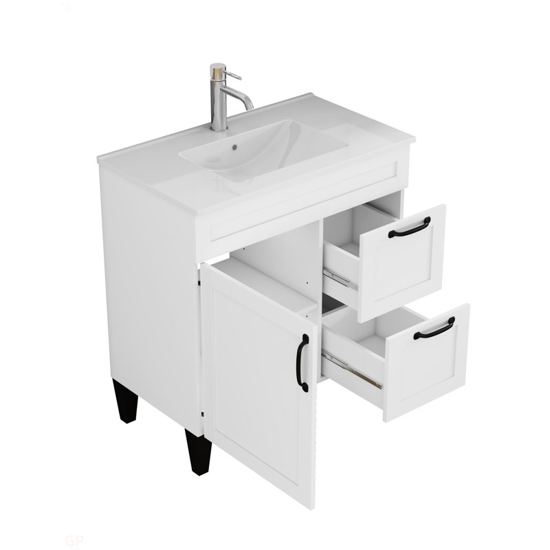 Meuble-lavabo de 31,5 po avec lavabo combiné, armoire avec 1 porte et 2 tiroirs, poignée en métal noir, pieds noirs, charnière à fermeture en douceur, armoire de salle de bain Mordern, lavabo en céramique, assemblage facile, blanc