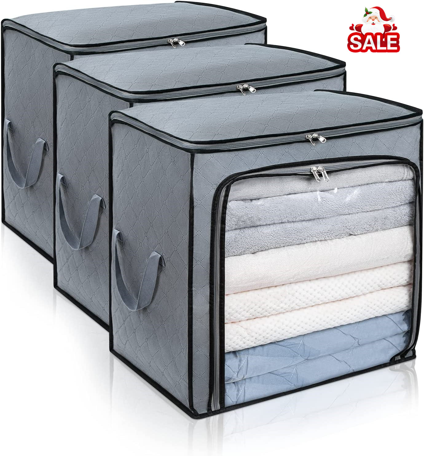 Set of 3 Stackable Foldable Clothes Storage Box with Lid and Handles,  Washable Organizer Containers Bedroom