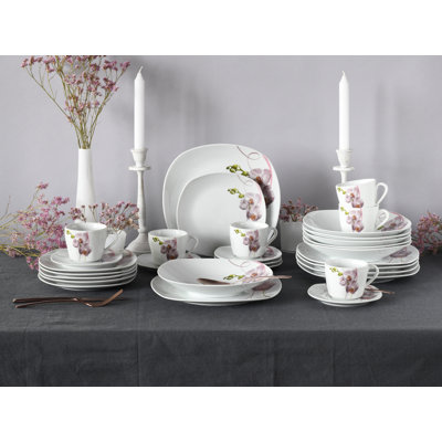 Square Porcelain China Dinnerware Set 30 Piece - Service for 6