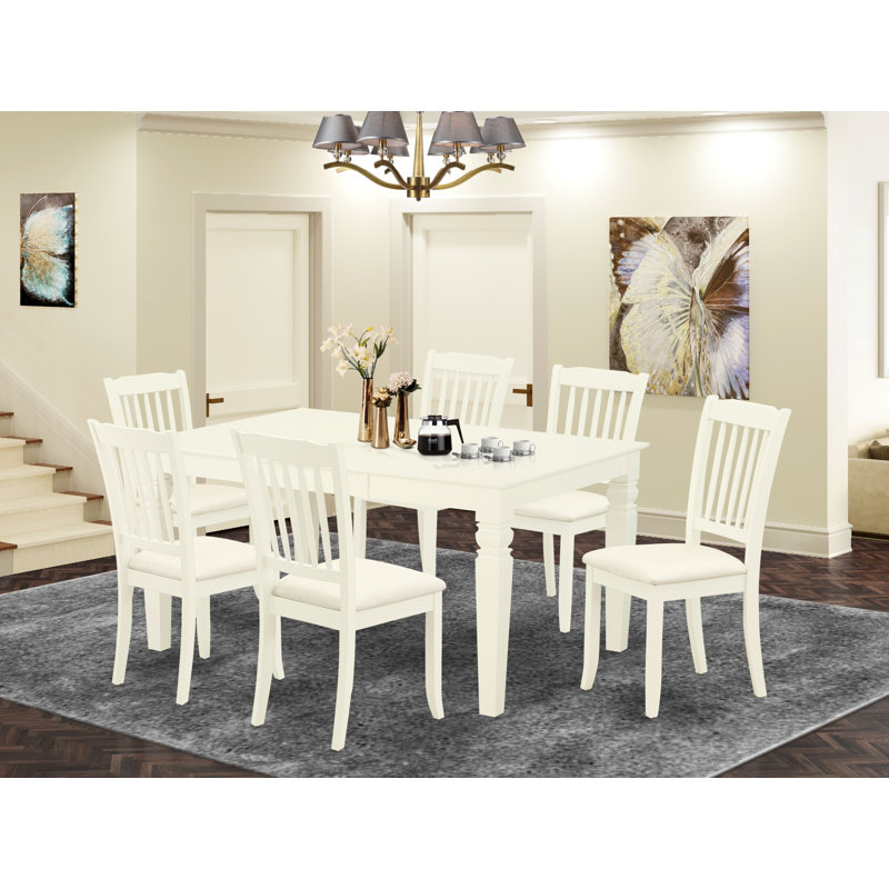 7 Piece Kitchen Table Set Consist of a Rectangle Dining Table with Butterfly Leaf and 6 Linen Fabric Dining Room Chairs, Linen White