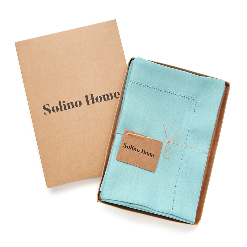 100% Pure Linen Hemstitch Dinner Napkins - Classic Hemstitch, Aqua Blue