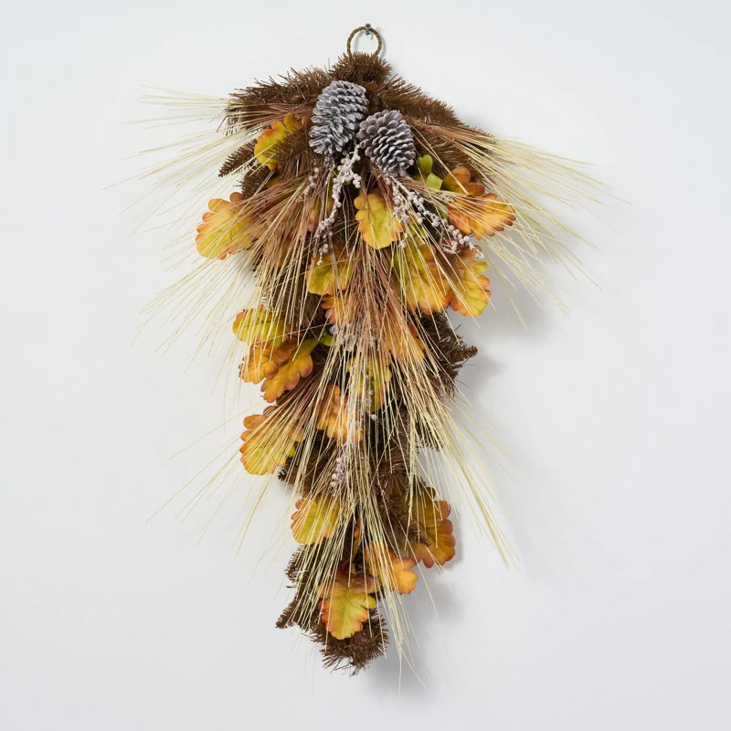 Bleached Wheat Grass, Pinecone & Autumn Oak Leaf Fall Front Door Swag
