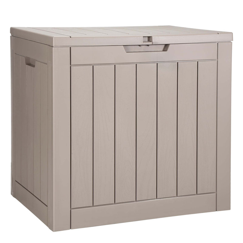 Boîte de rangement extérieure en résine de 31 gallons avec conception imperméable, fabrication résistante aux intempéries et siège multifonctionnel.