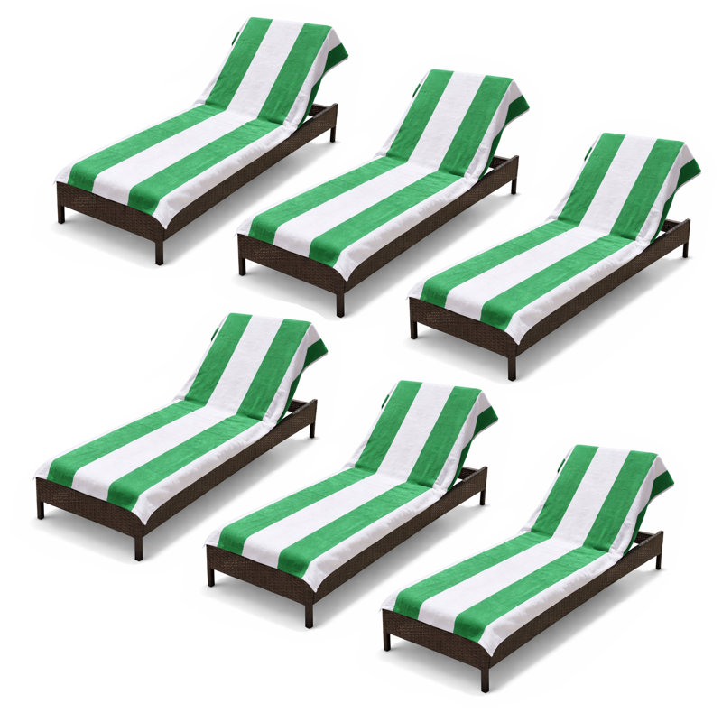 Superior Cabana Striped Cotton Standard Size Towel/ Chaise Lounge Chair Cover Set, Dark Green, Beach Towel - 6 Pack