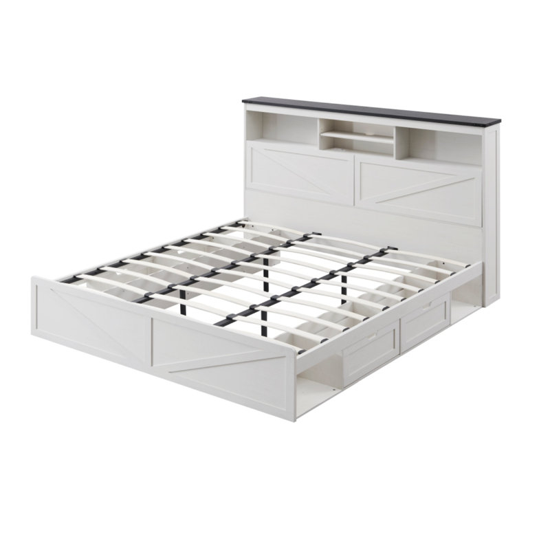 Etsuyo Farmhouse King Bed Frame with Headboard and Power Outlets,  Wood Platform Bed with Storage, 4 Drawers ,Led Light, No Box Spring Needed
