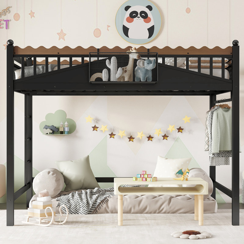 Full Size Metal Loft Bed with Ladder, Built-In Storage Shelves & Bookshelf, Space-Saving Bedroom Bunk, Black, Full