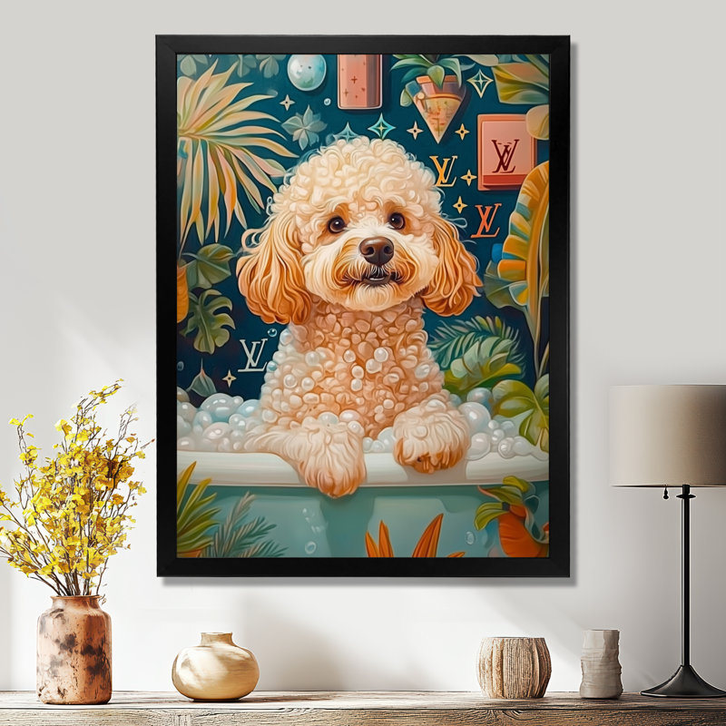 Caniche chien bain temps bulles II - chien Wall Art salon, H 20 po x l 12 po, Cadre simple noir