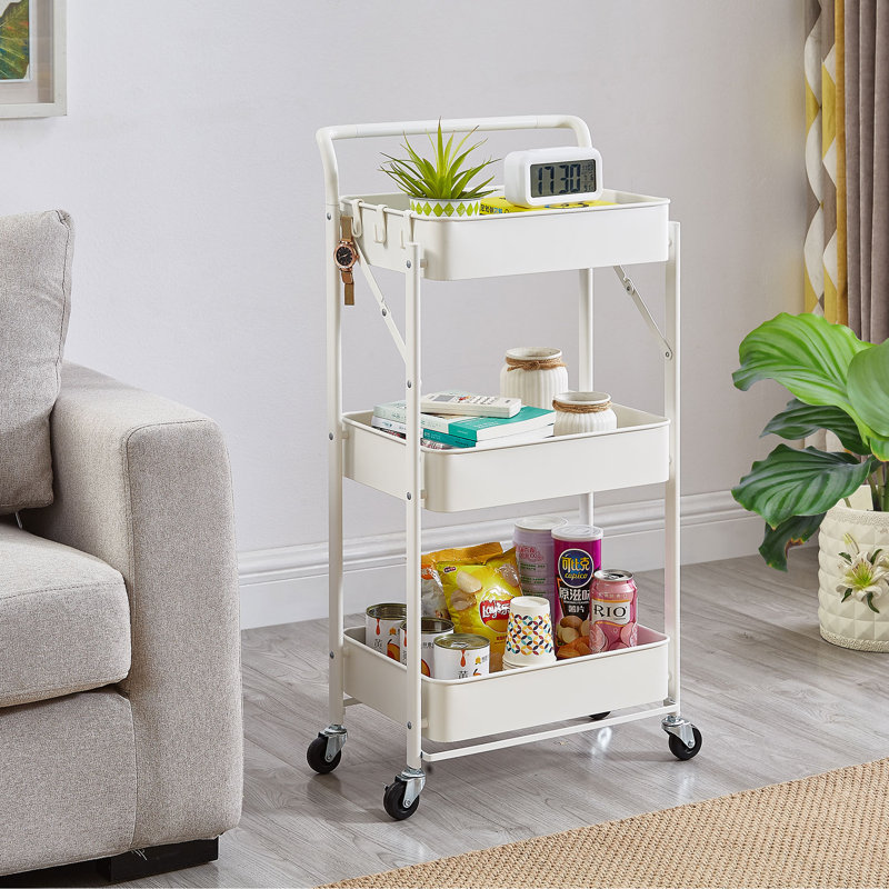 35.2'' H x 17.3'' W Utility Foldable Metal Cart 3-Layer Mesh Baskets Storage Rack With Wheels & Handle, No Installation
