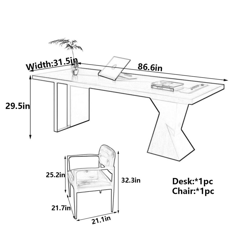 Italian Minimalist Solid Wood Desk, 29.5" H x 86.6" W x 31.5" D