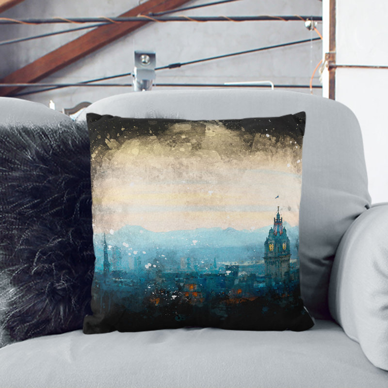 Edinburgh Skyline in Scotland Cushion with Filling, 40cm H x 40cm W x 15cm D, White