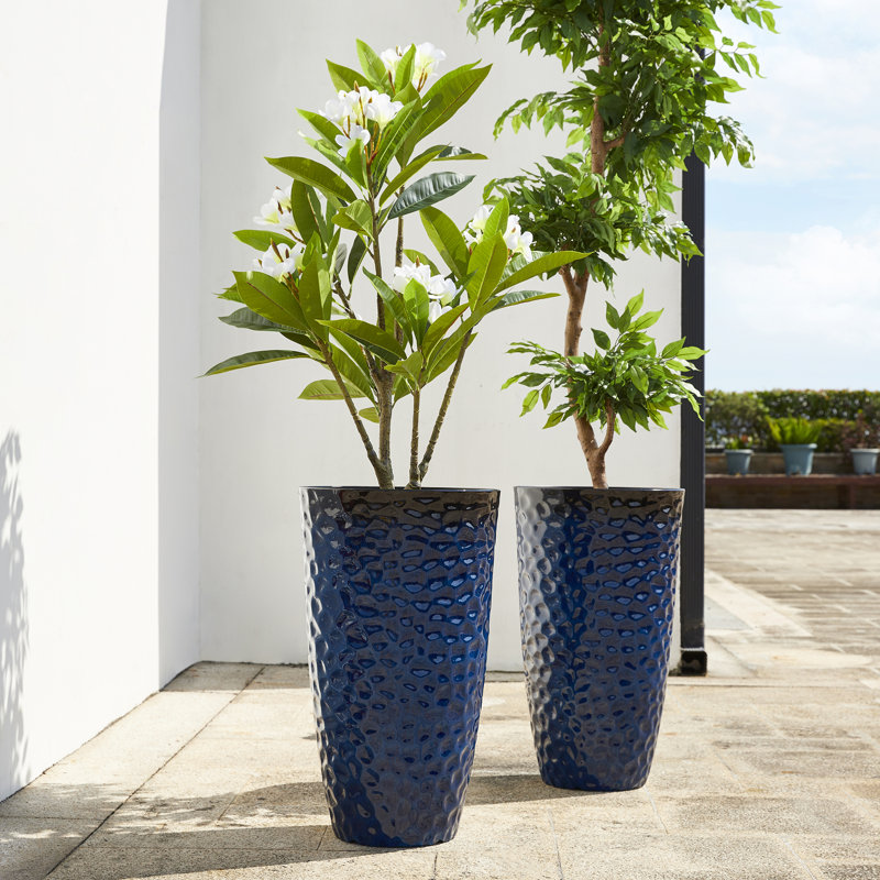 23.75"H Set Of 2 Oversized Eco-Friendly PP And Stone Honeycomb Textured Tall Plastic Planter, Blue