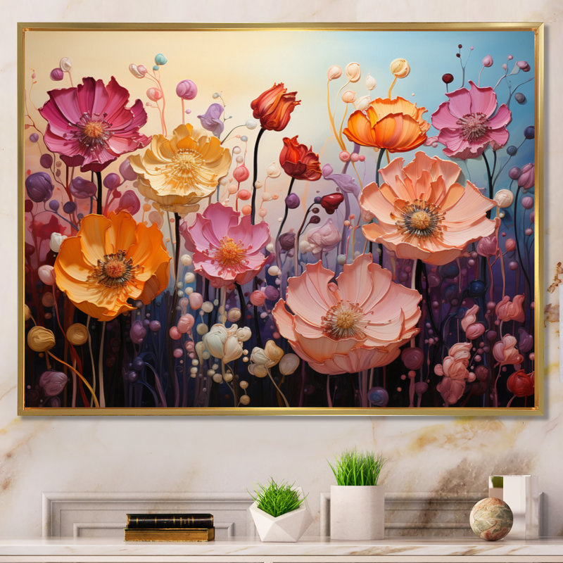 Fleurs éternelles mauves, fleurs jaunes et éternelles - impression sur toile florale, 12" H x 20" W, Cadre flottant doré
