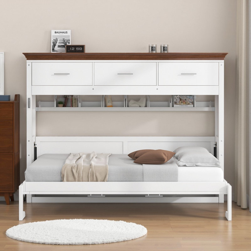 Lit escamotable simple avec 3 tiroirs - Lit mural peu encombrant avec rangement en bois, fabrication en panneau de fibres à densité moyenne blanc et en LVL, aucun sommier requis (capacité de 400 lb)