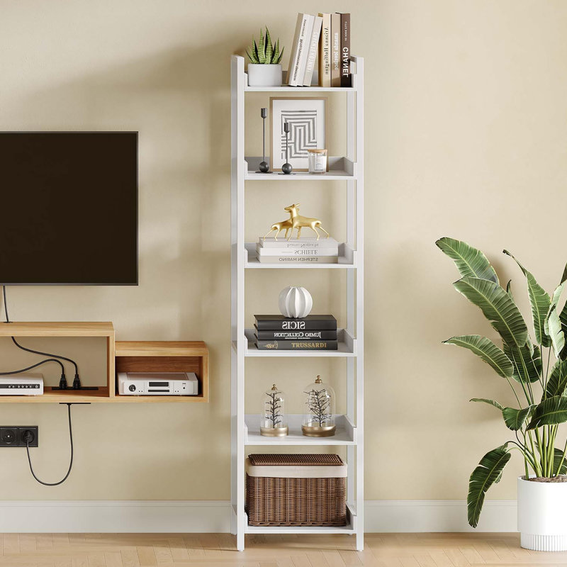 6 Tier Narrow Corner Bookshelf, Wooden Display and Storage, White, 66.2" H x 15" W x 11" D