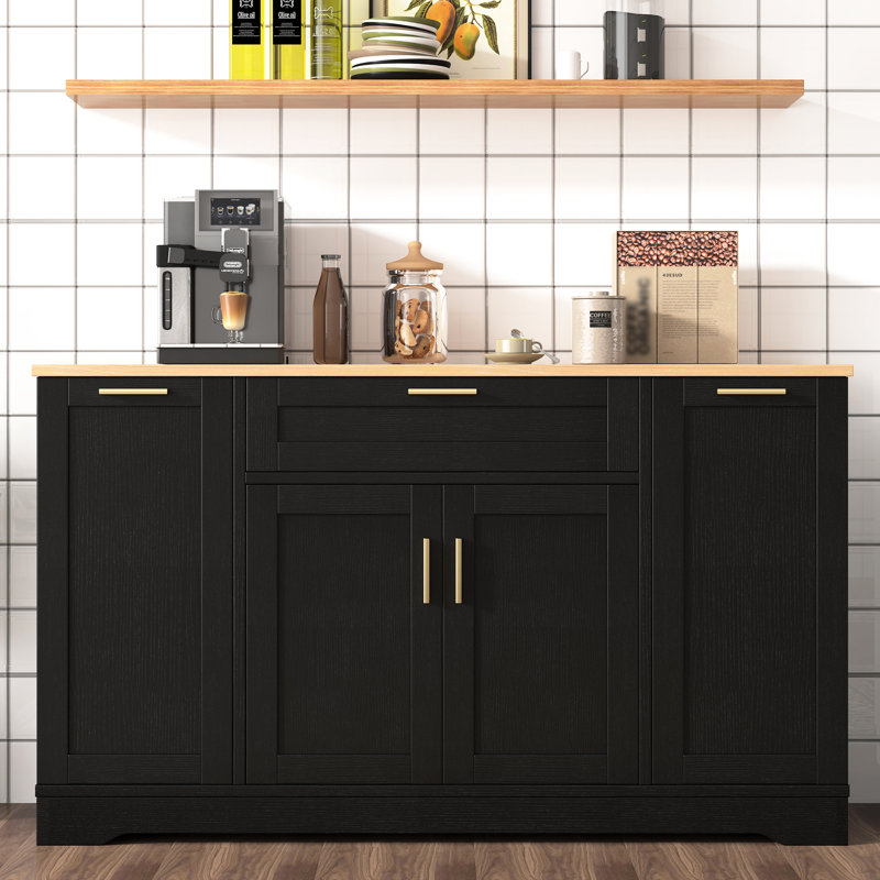 Table de salle à manger extensible et buffet de rangement multifonctionnel pour les espaces de cuisine, noir, flexible dans l'armoire de gauche, base Kickboard avec plateau noir à 3 niveaux, tablettes réglables