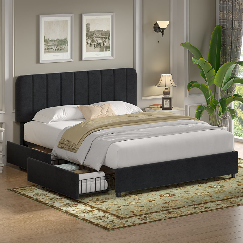 Huntsville 4-Drawer Velvet Upholstered Platform Bed, Queen, Black