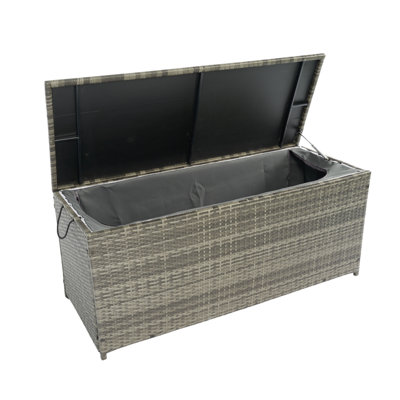 Boîte de rangement extérieure, boîtes de terrasse de patio en osier de 113 gallons avec couvercle, rangement de coussin extérieur pour jouets pour enfants, oreillers, serviette en osier gris