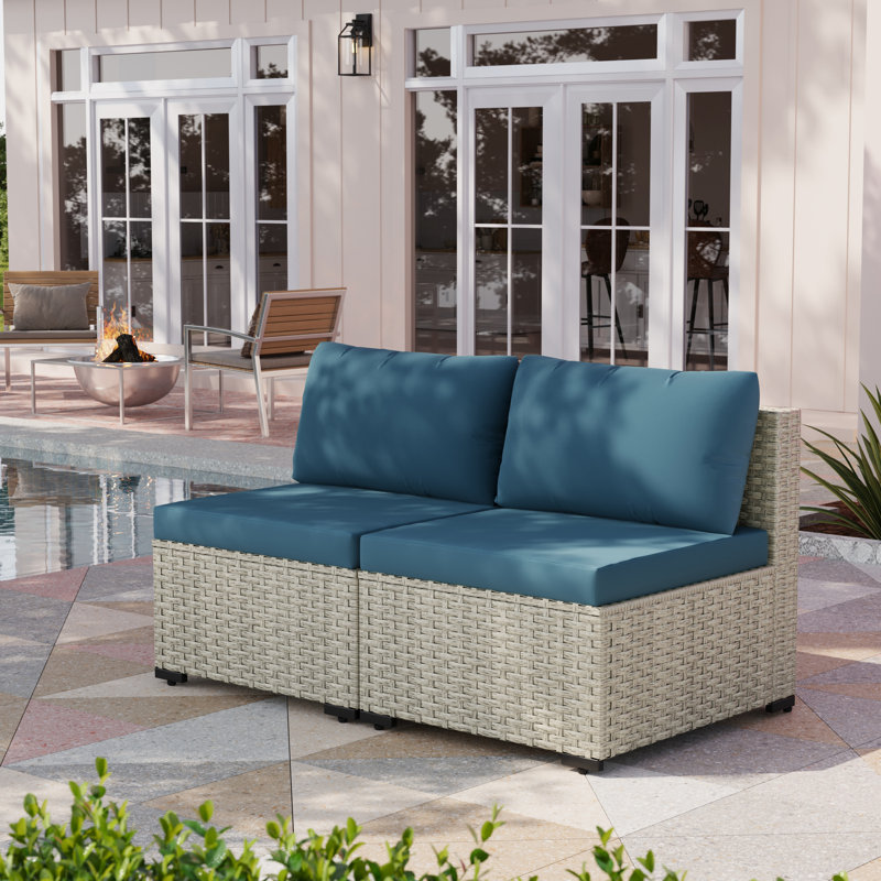 2 Pieces Rattan Patio Sofa With Cushions, Peacock Blue