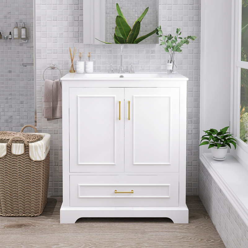 Meuble-lavabo autoportant moderne avec lavabo en céramique, Blanc, 24"