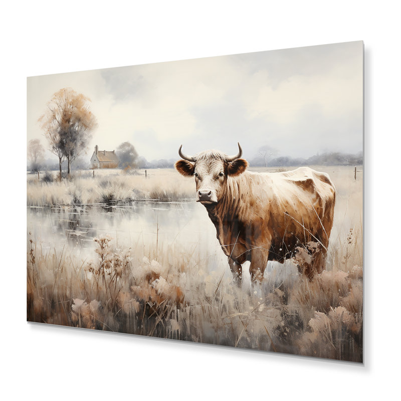 Vache dans la prairie II - reproduction d'animaux sur métal, H 24 po x l 32 po x P 1 po