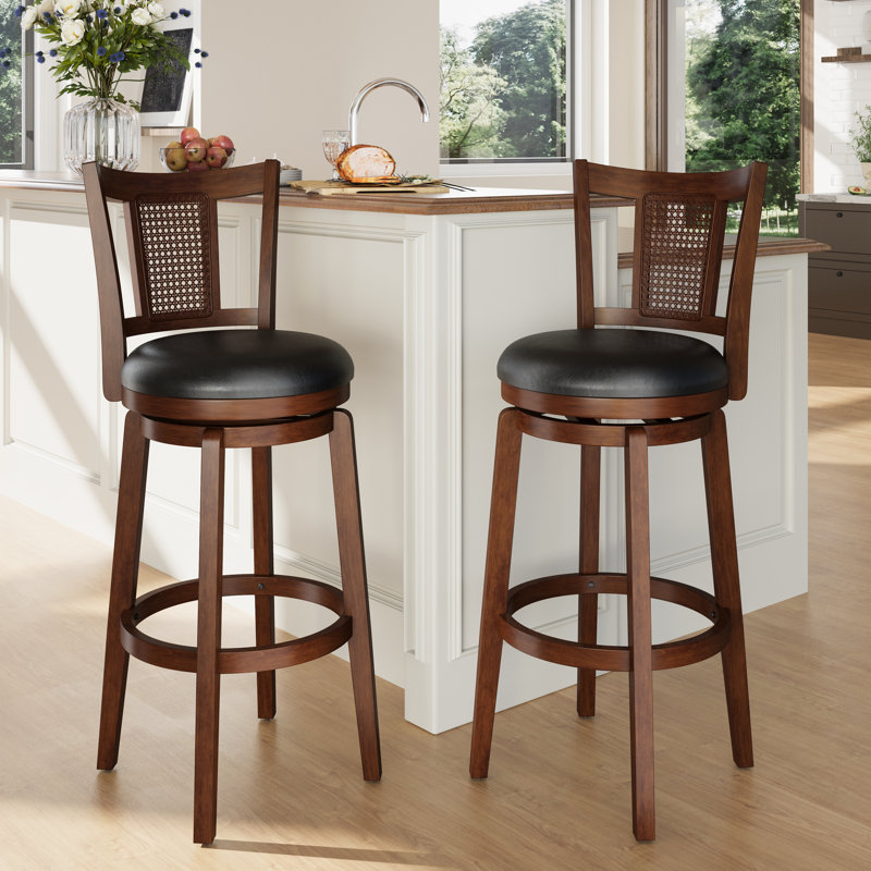 Avis 30" Traditional Upholstered Bar Stool with Faux Leather Swivel Seat and Rattan Back Rubber Wood Frame (Set of 2), 2