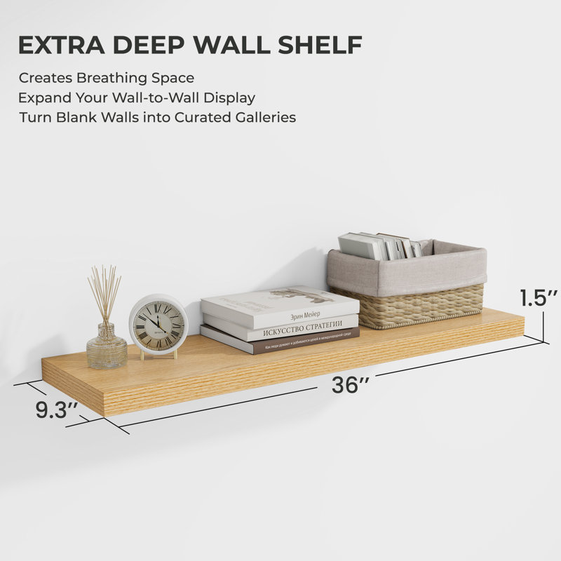 2-Piece 9.3" Extra Deep Wood Floating Shelves, Modern Design Wall Mount Display Shelves, Oak, 1.5" H x 36" W x 9.3" D