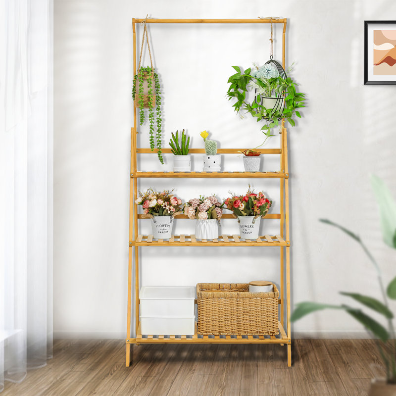 Natural Bamboo 3-Tier Plant Stand with Adjustable Hanging Rod