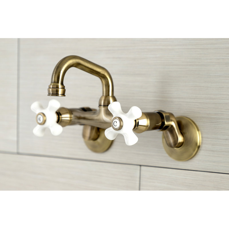 Kingston Brass Kingston Two-Handle 2-Hole Wall Mount Bar Faucet, Cross Handle, Antique Brass