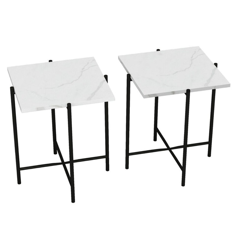 Set of 2 Pcs Marble Effect Tops Round Side End Coffee Table Metal Frame, White