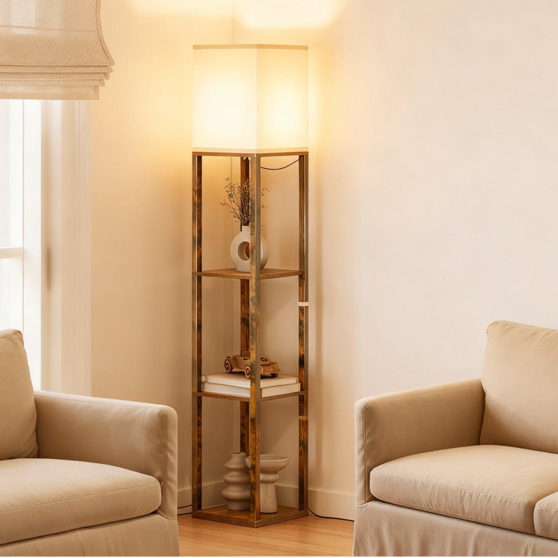 63'' Column Floor Lamp With Shelves and Bulb Included, Rustic Brown