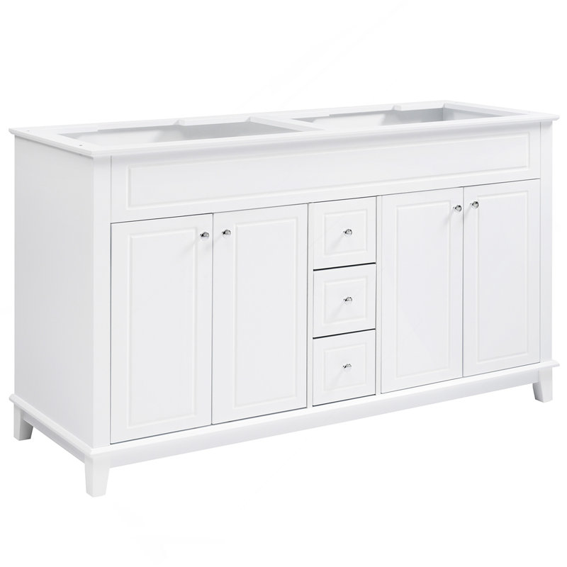 Armoire de meuble-lavabo 58 po seulement, 3 tiroirs et 4 portes (2 avec tablettes à double couche), pieds en bois, fermeture en douceur, blanc