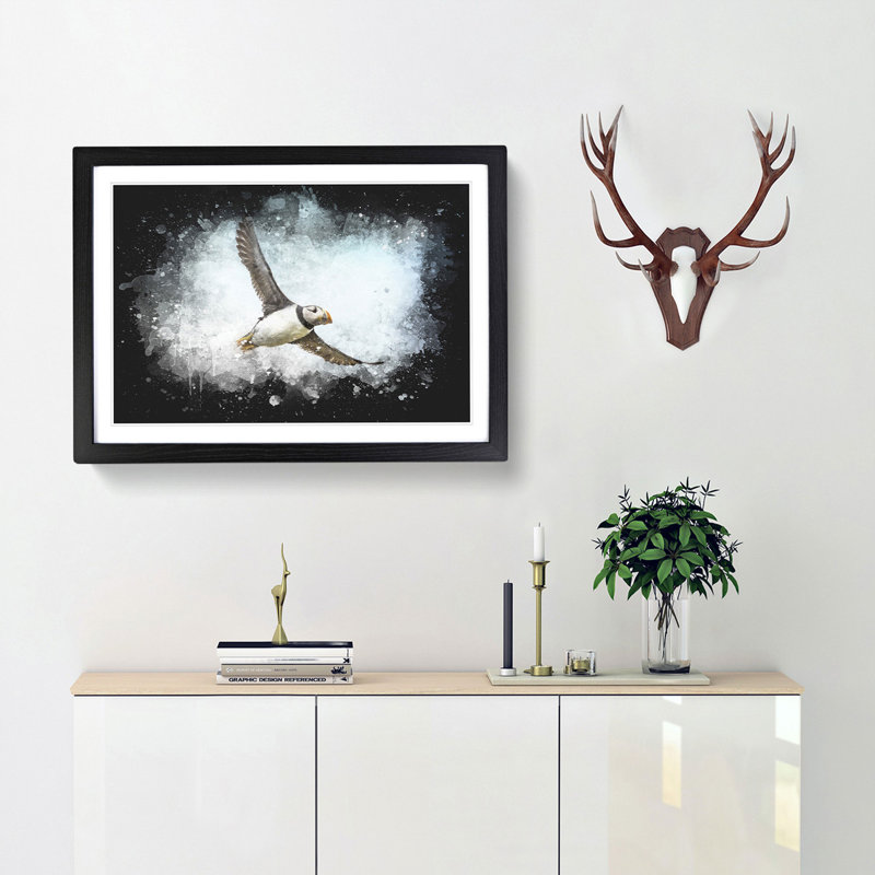 Flying Atlantic Puffin Bird - Picture Frame Graphic Art Print, 24cm H x 33cm W x 2cm D, Black Framed
