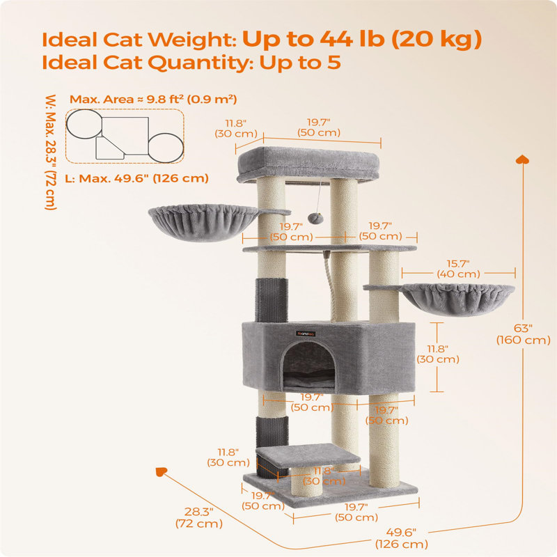 63-inch Heavy-duty Cat Tower With Self-warming Pads, Dove Grey/Cream White