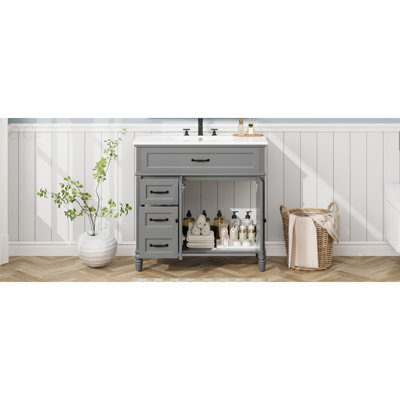 Meuble-lavabo 36 po avec lavabo, armoire de salle de bain avec tiroirs, cadre solide et panneau de fibres à densité moyenne, un paquet