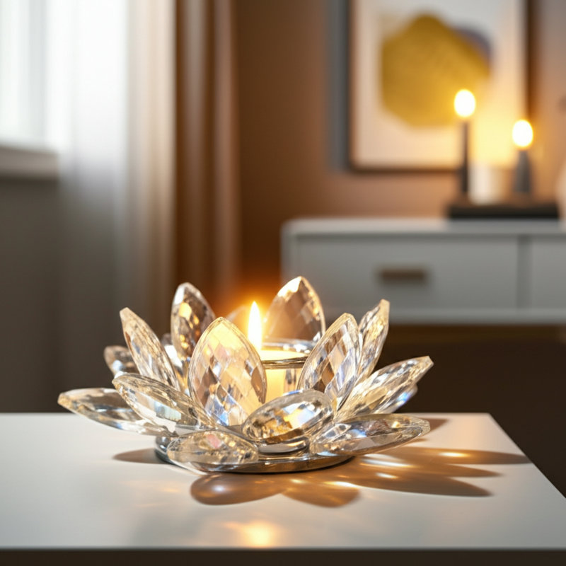 Iridescent Glass Crystal Lotus Votive Candle Holder, 2" H x 6" W x 6" D, Rainbow